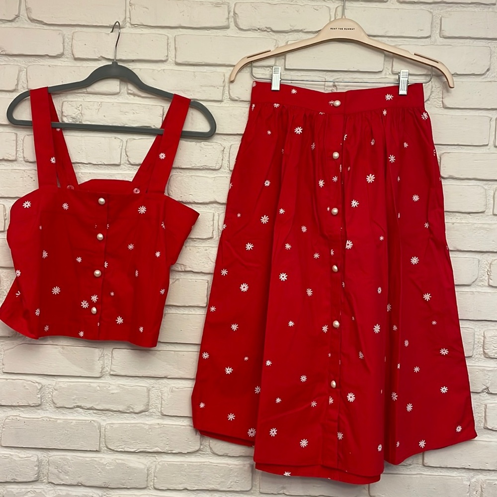 ban.do Red Daisy A Line Midi Button Up Skirt and Top